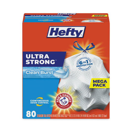 Hefty Extra Heavy-Duty Ultra Strong Scented Tall Kitchen Bags, Drawstring, 13 gal, Clean Burst, 23.75" x 24.88", White, 80/Box (E88356)