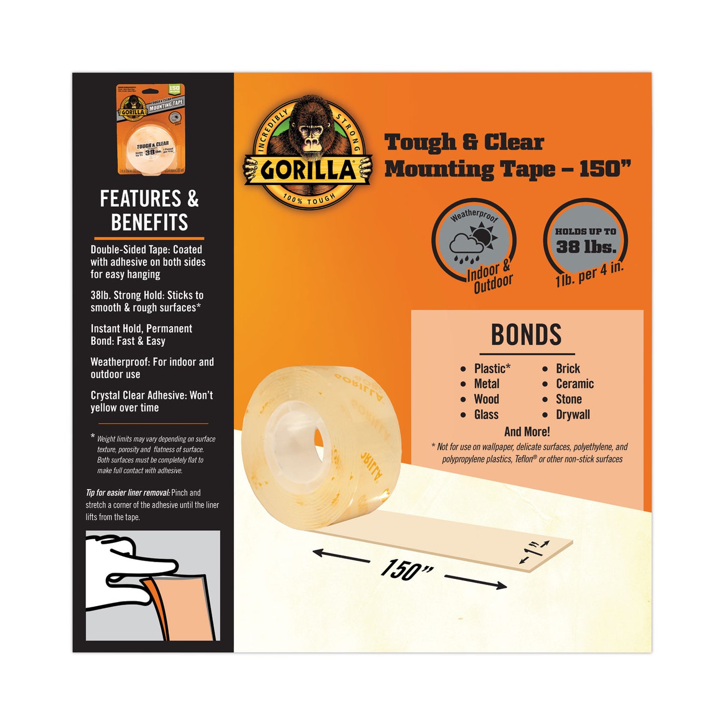 Gorilla Tough & Clear Double-Sided Mounting Tape, Permanent, Holds Up to 0.25 lb per Inch, 1" x 12.5 ft, Clear (6036002)