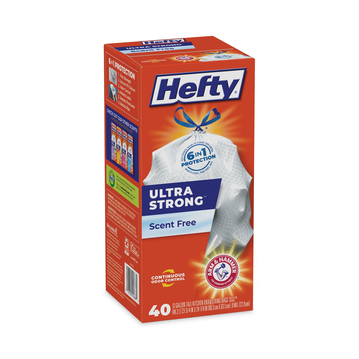 Hefty Extra Heavy-Duty Ultra Strong Tall Kitchen Trash Bags, Drawstring, 13 gal, 23.75" x 24.88", White, 40/Box (E88338)