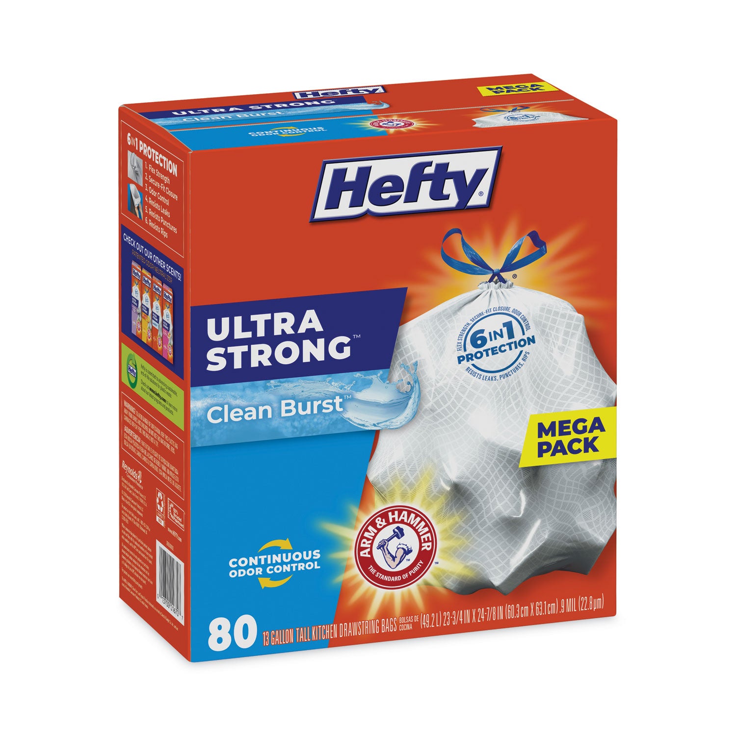 Hefty Extra Heavy-Duty Ultra Strong Scented Tall Kitchen Bags, Drawstring, 13 gal, Clean Burst, 23.75" x 24.88", White, 80/Box (E88356)