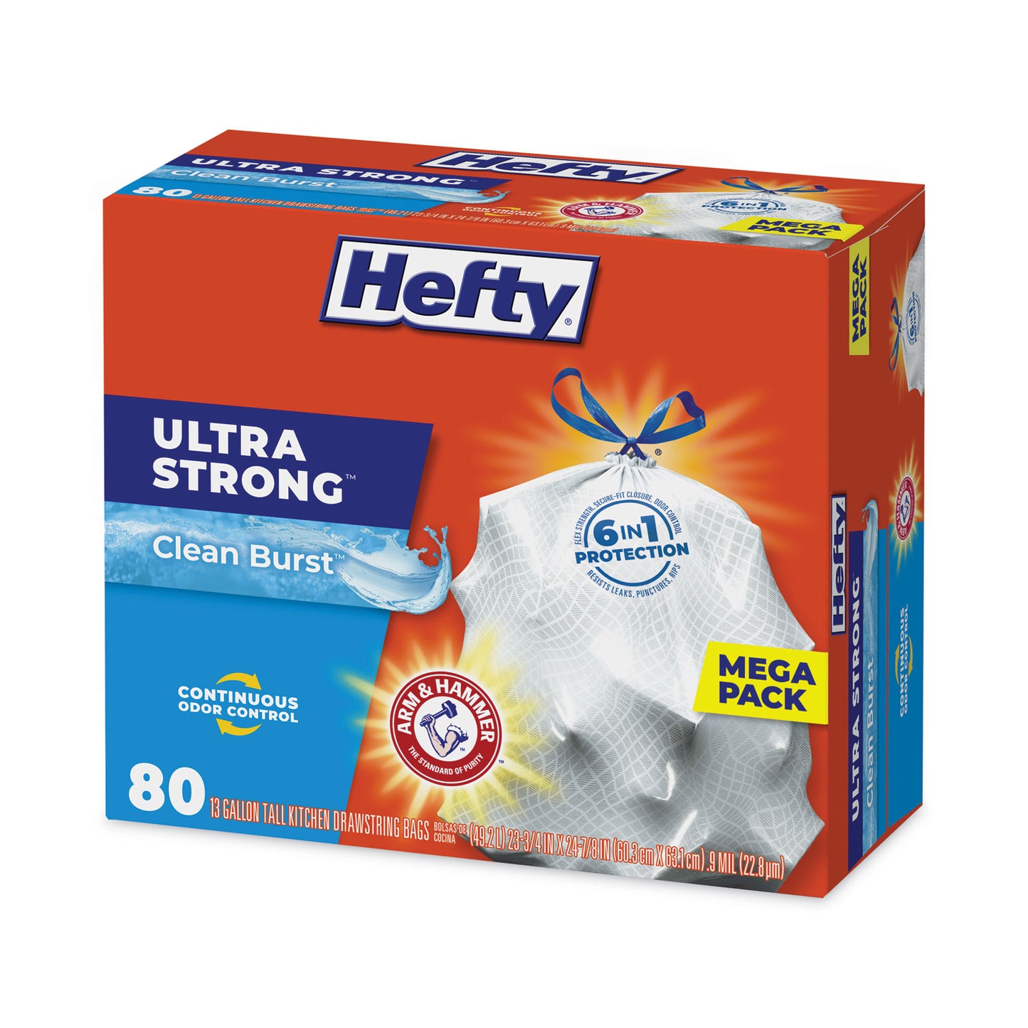 Hefty Ultra Strong Scented Tall Kitchen Bags, Drawstring, 13 gal, Clean Burst, 24.75" x 24.88", White, 80 Bags/Box, 3 Boxes/Carton (E88356CT)