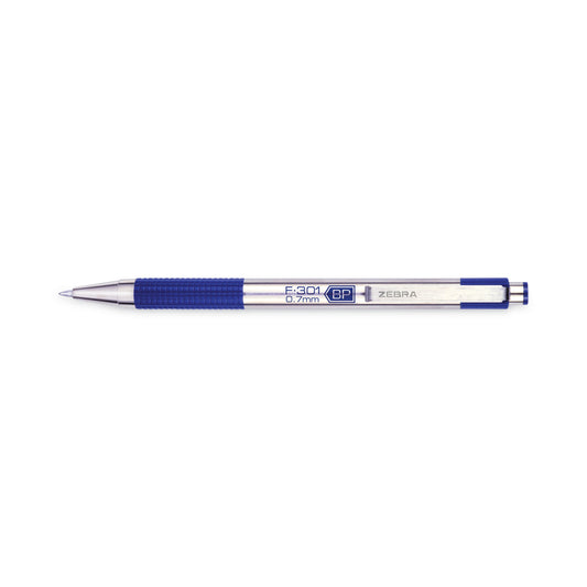 Zebra F-301 Ballpoint Pen, Retractable, Fine 0.7 mm, Blue Ink, Stainless Steel/Blue Barrel, 2/Pack (27122)