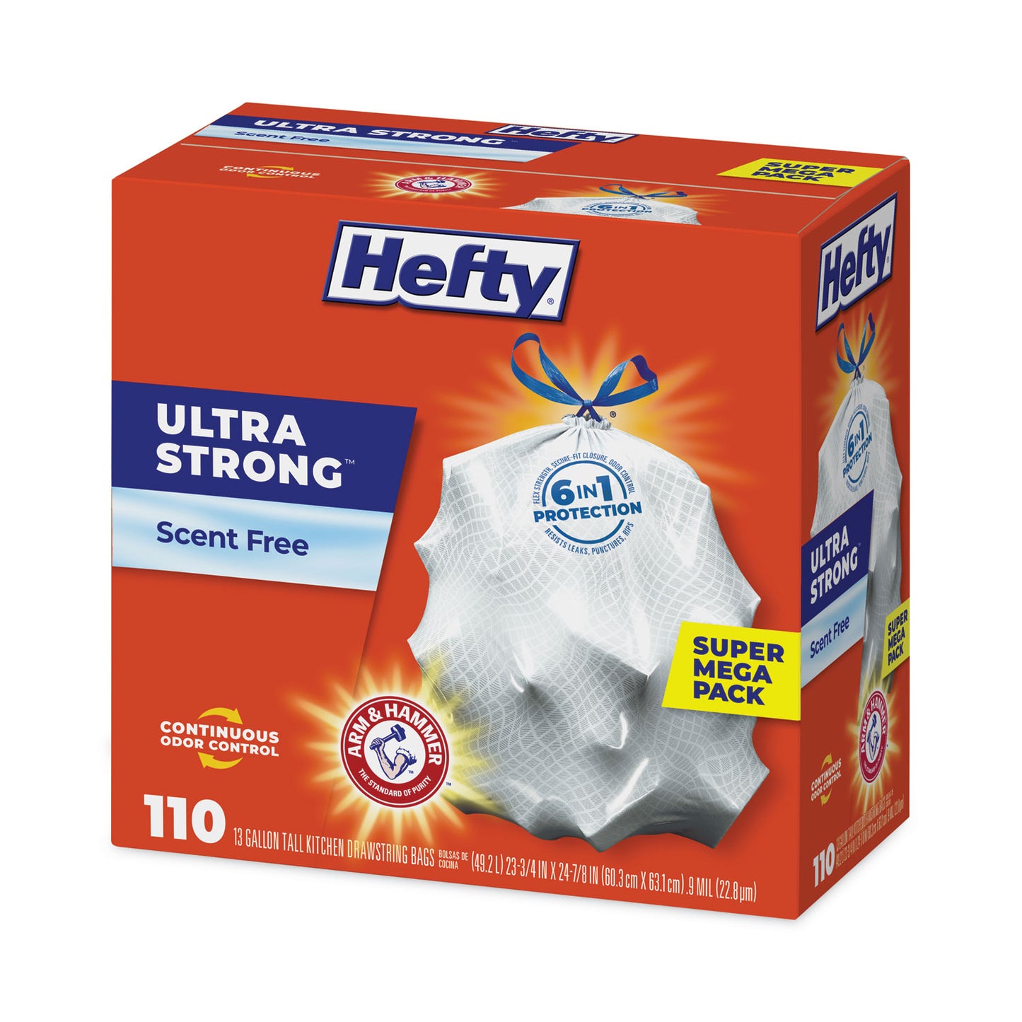 Hefty Ultra Strong Tall Kitchen Trash Bags, Drawstring, 13 gal, 23.75" x 24.88", White, 110/Box (E88368)