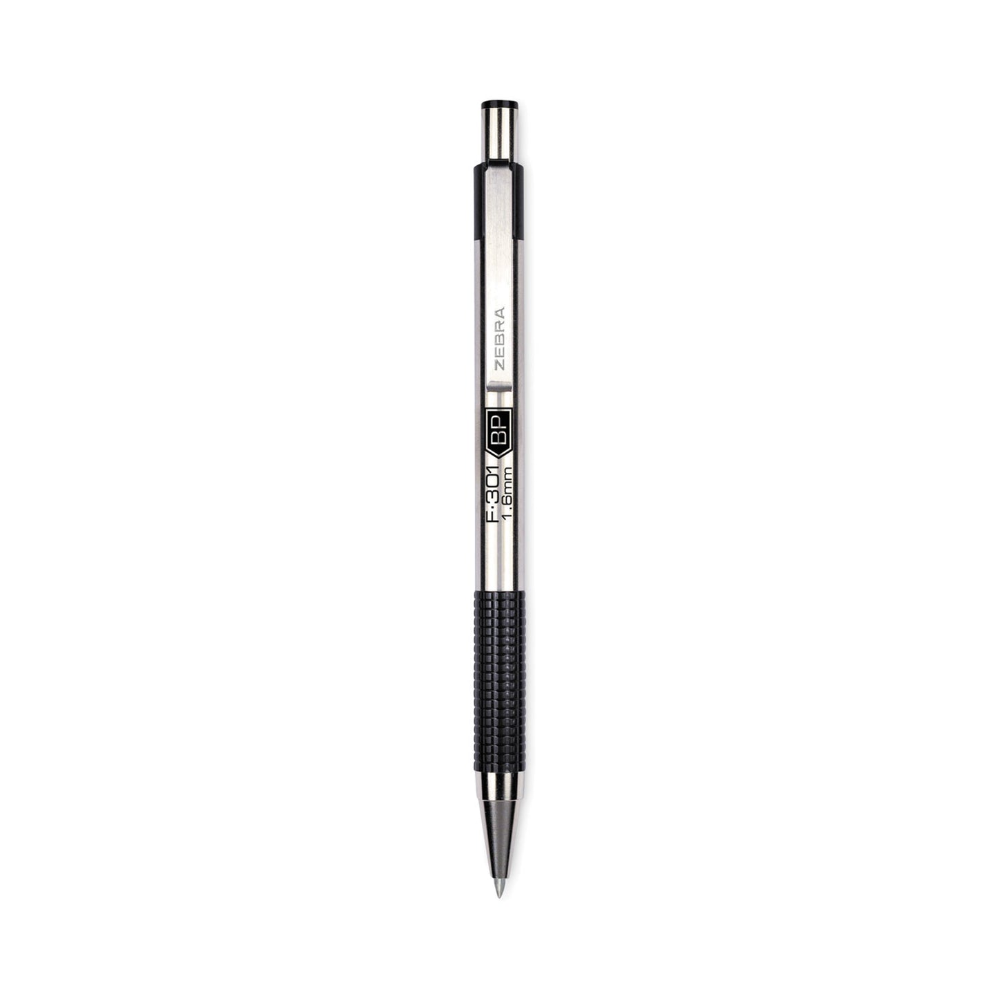 Zebra F-301 Ballpoint Pen, Retractable, Bold 1.6 mm, Black Ink, Stainless Steel/Black Barrel, 12/Pack (27310)