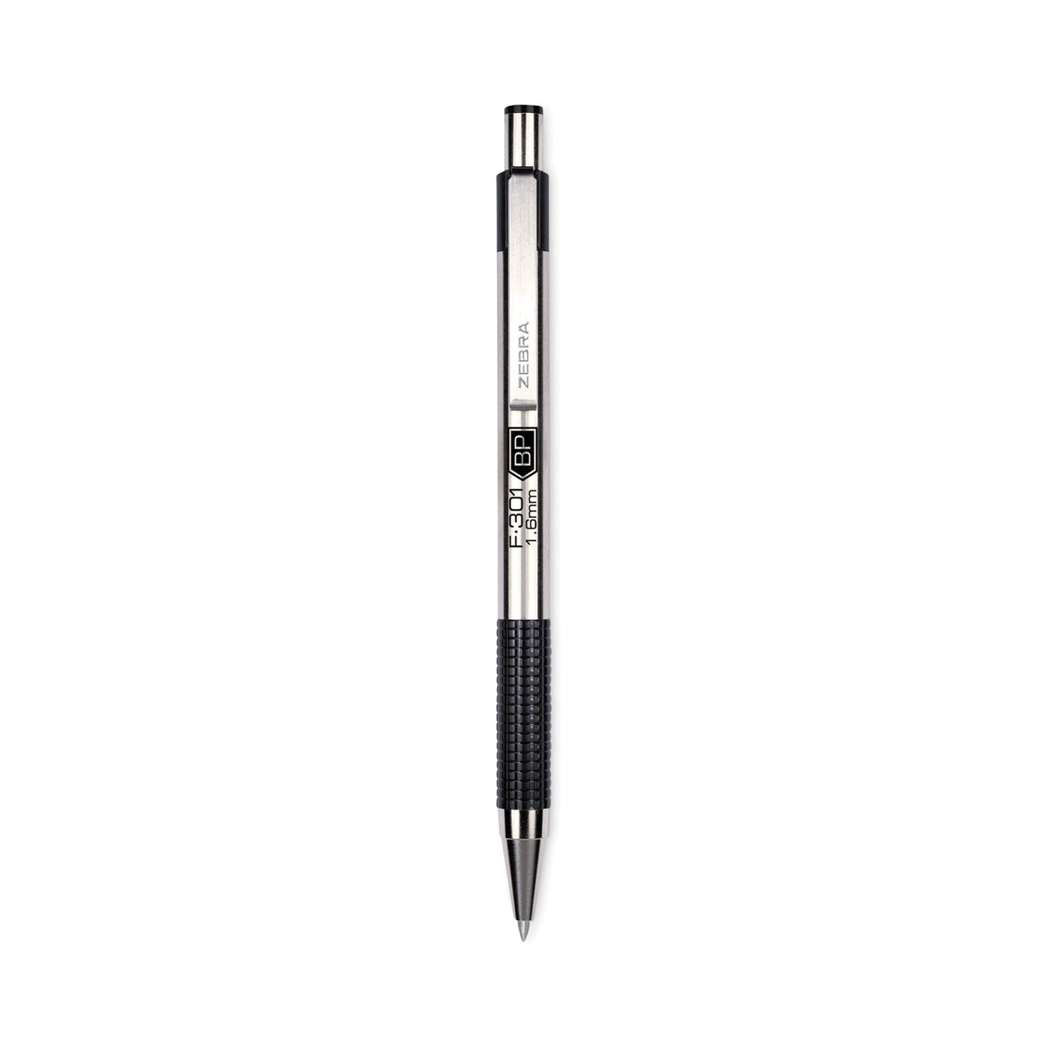 Zebra F-301 Ballpoint Pen, Retractable, Bold 1.6 mm, Black Ink, Stainless Steel/Black Barrel, 12/Pack (27310)