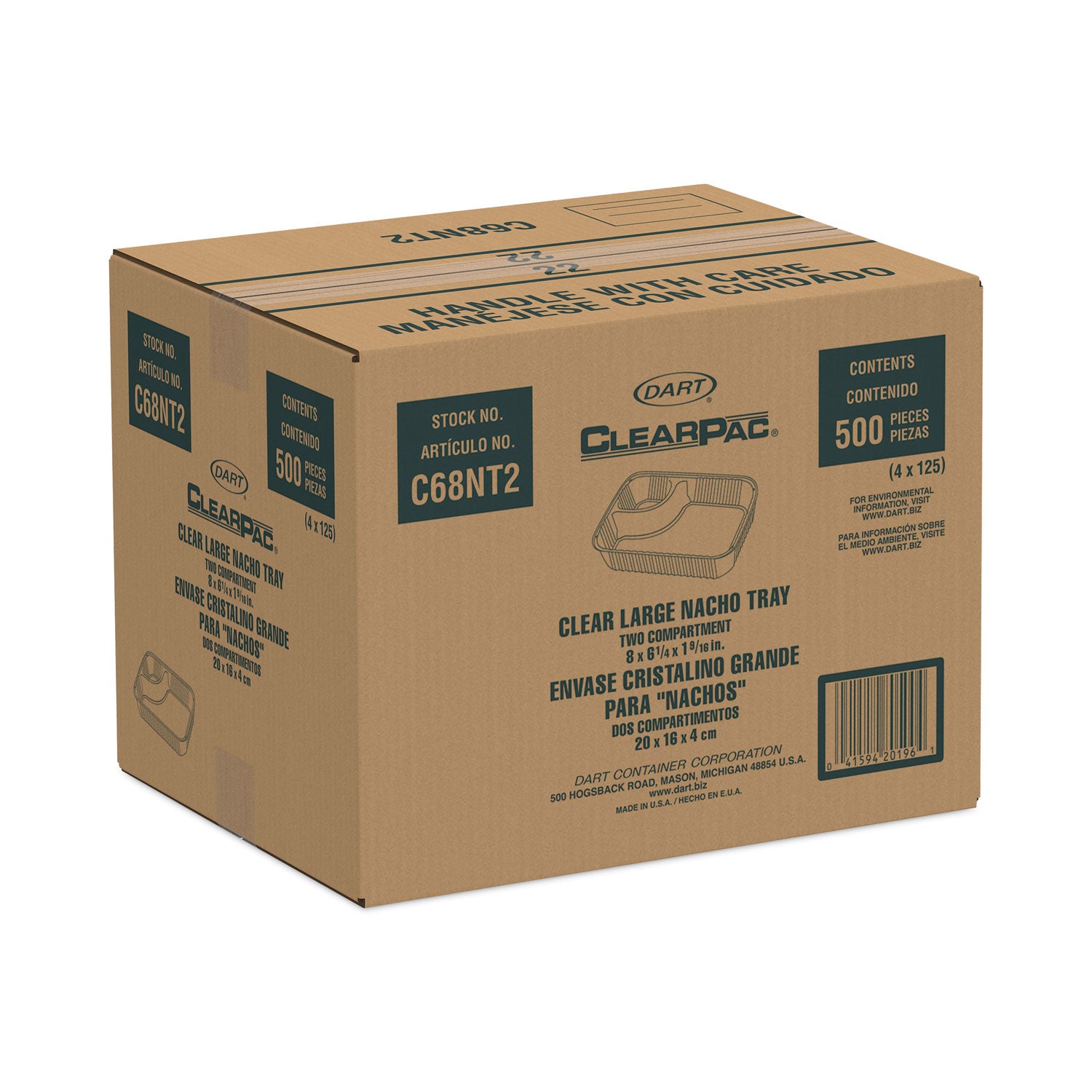 Dart ClearPac Large Nacho Tray, 2-Compartments, 3.3 oz, 6.2 x 6.2 x 1.6, Clear, Plastic, 500/Carton (C68NT2)