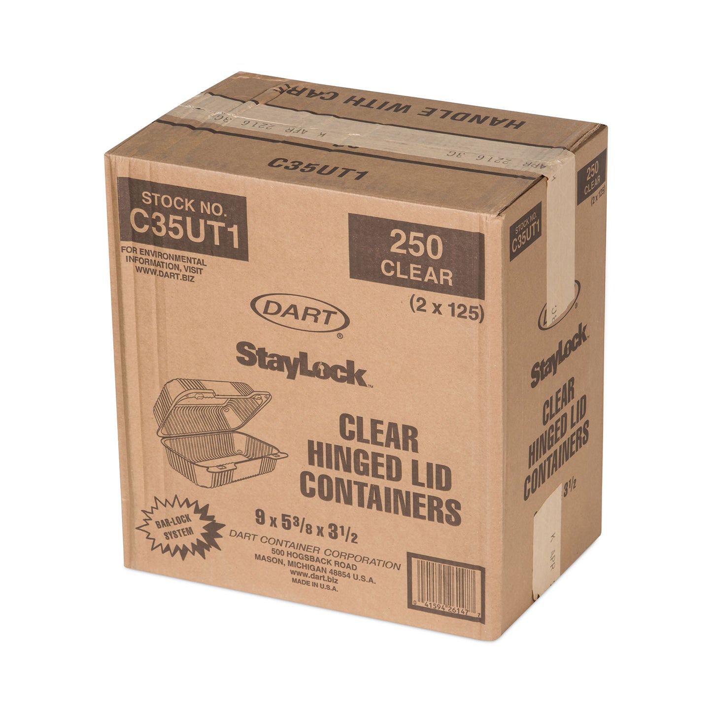 Dart StayLock Clear Hinged Lid Containers, 5.4 x 9 x 3.5, Clear, Plastic, 250/Carton (C35UT1)