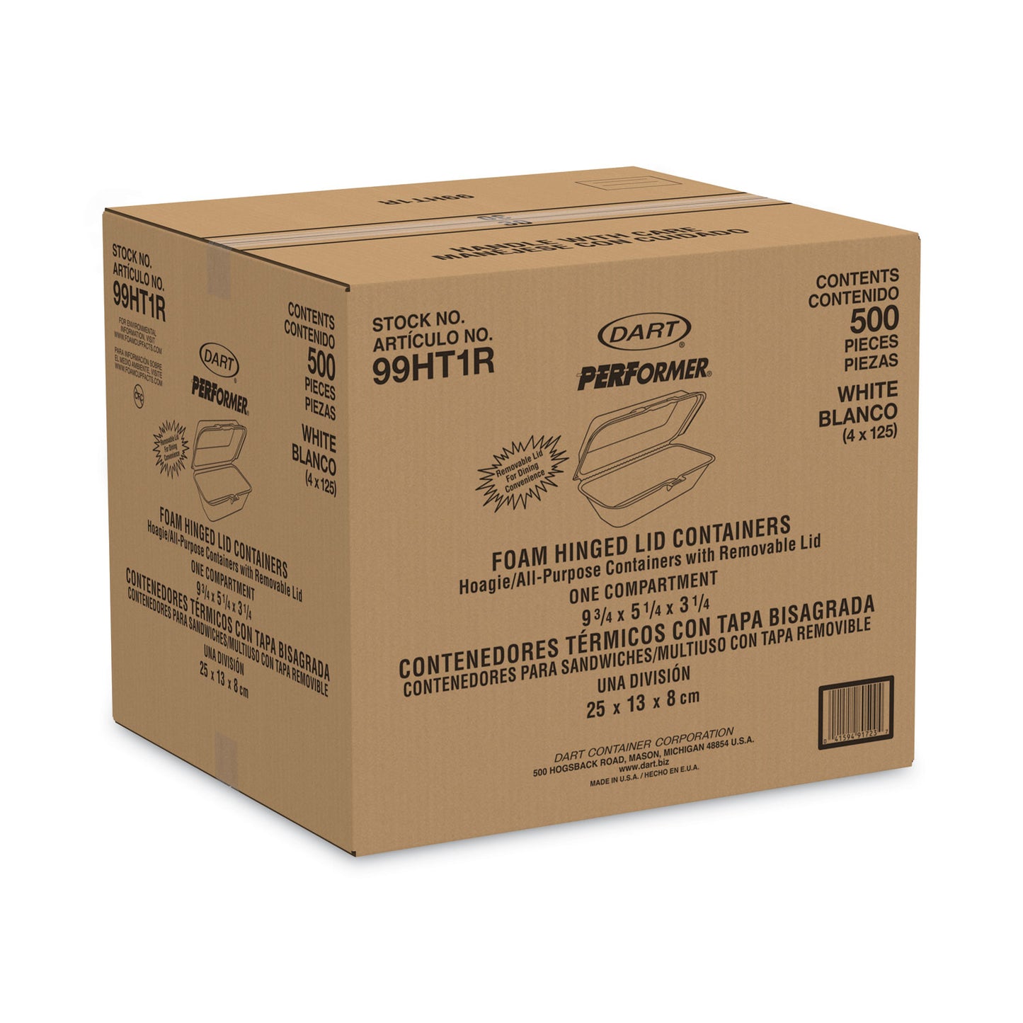 Dart Foam Hinged Lid Container, Hoagie Container with Removable Lid, 5.3 x 9.8 x 3.3, White, 125/Bag, 4 Bags/Carton (99HT1R)