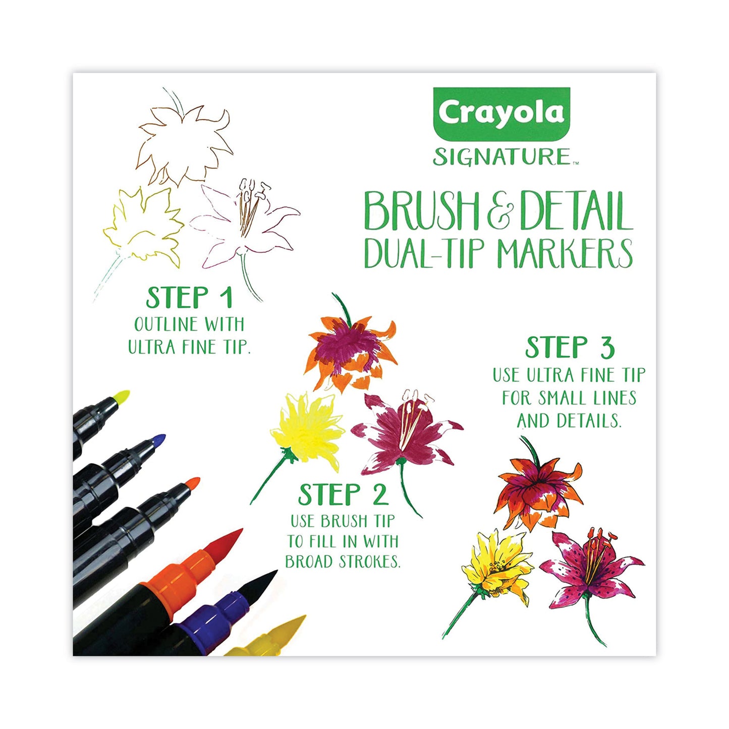 Crayola Brush and Detail Dual Ended Markers, Extra-Fine Brush/Bullet Tips, Assorted Colors, 16/Set (586501)