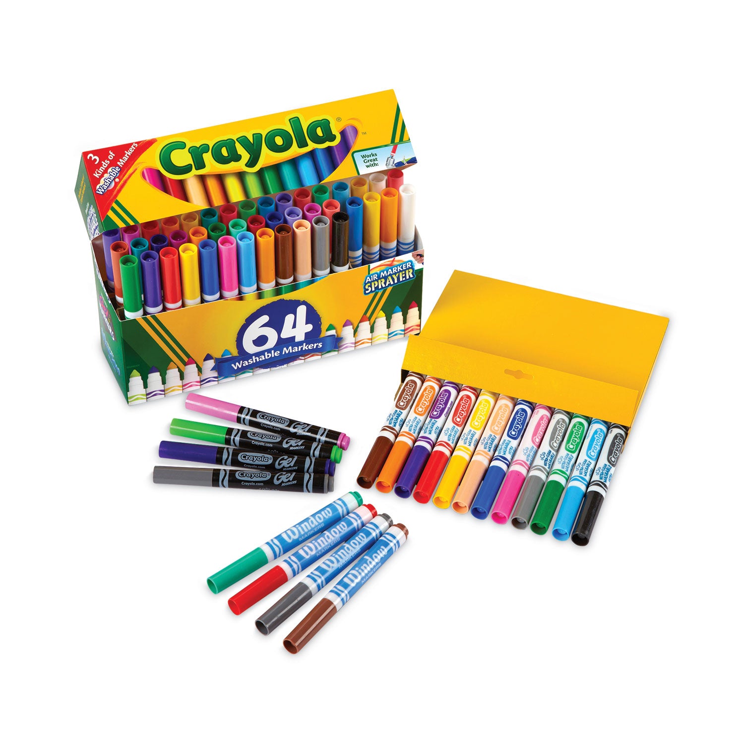 Crayola Broad Line Washable Markers, 48 Broad Bullet Tip/8 Gel/8 Window, Assorted Colors, 64/Set (588180)