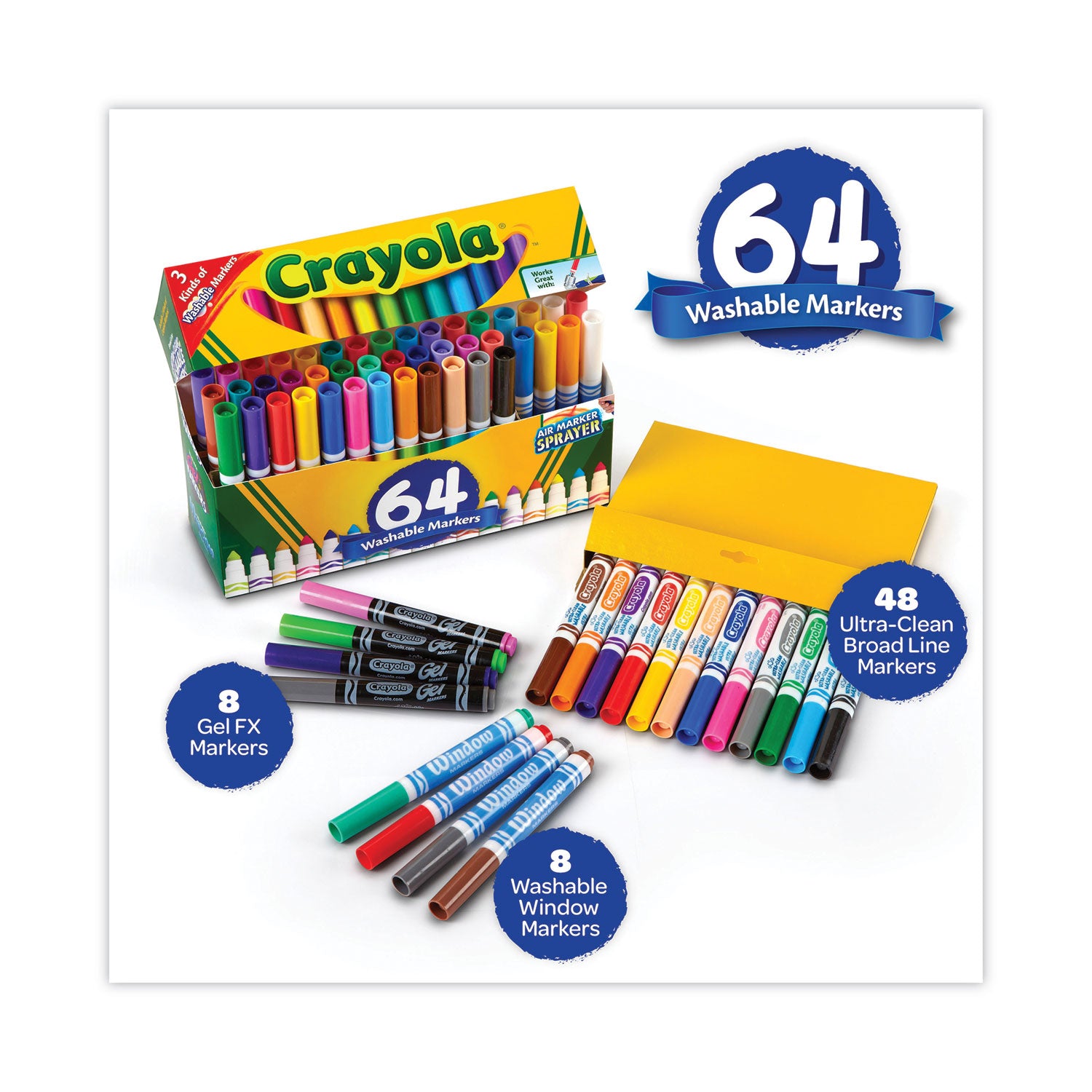 Crayola Broad Line Washable Markers, 48 Broad Bullet Tip/8 Gel/8 Window, Assorted Colors, 64/Set (588180)