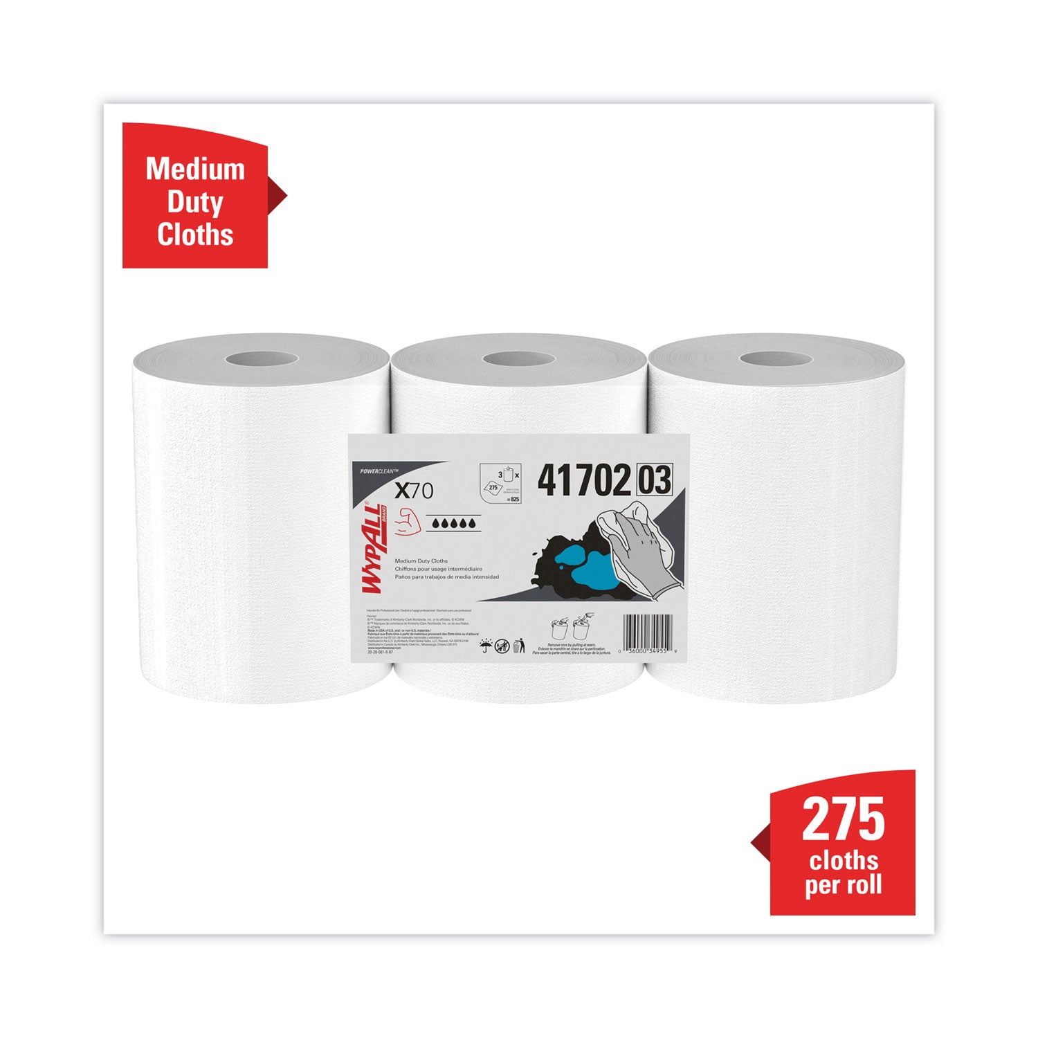 WypAll X70 Cloths, Center-Pull, 9.8 x 12.2, White, 275/Roll, 3 Rolls/Carton (41702)