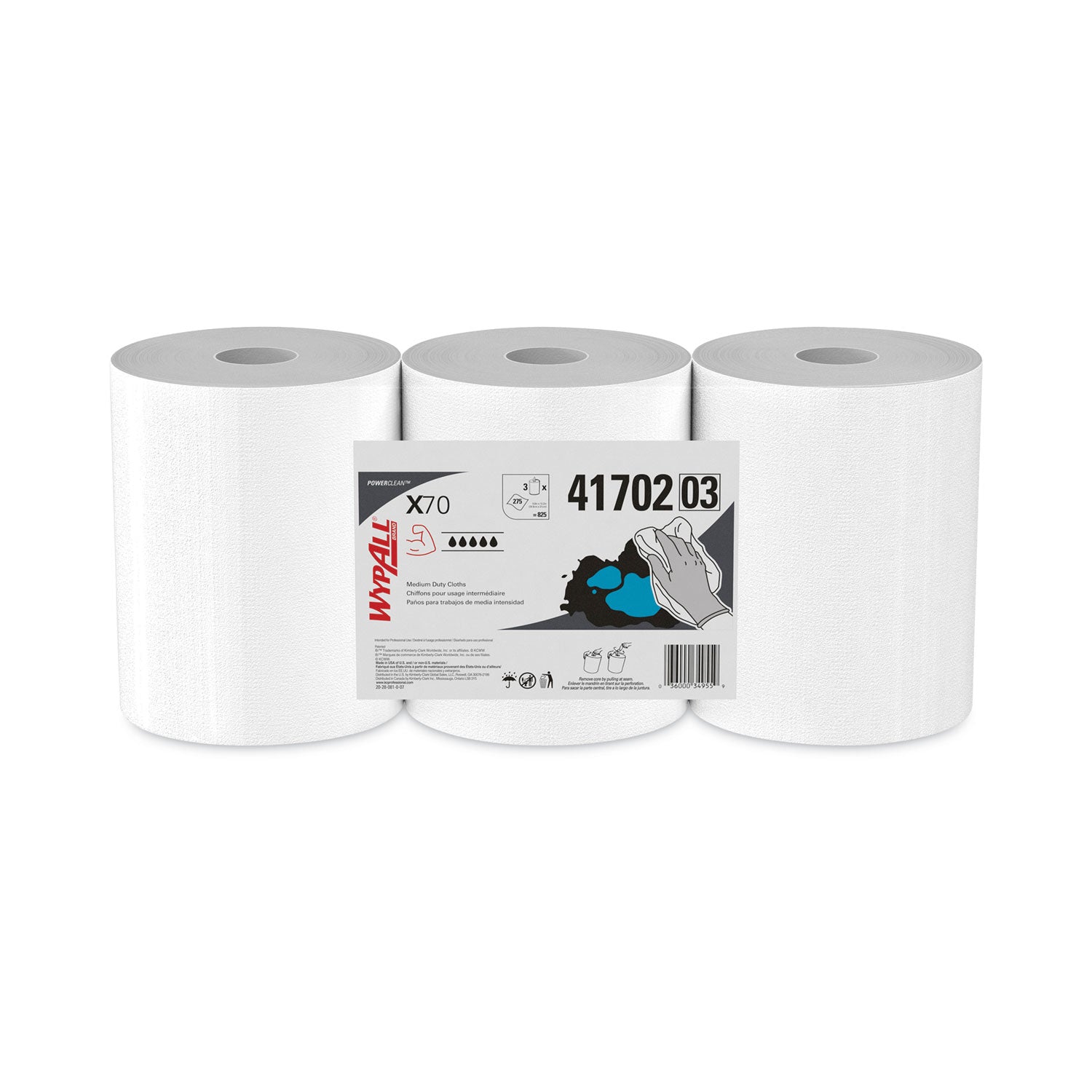 WypAll X70 Cloths, Center-Pull, 9.8 x 12.2, White, 275/Roll, 3 Rolls/Carton (41702)