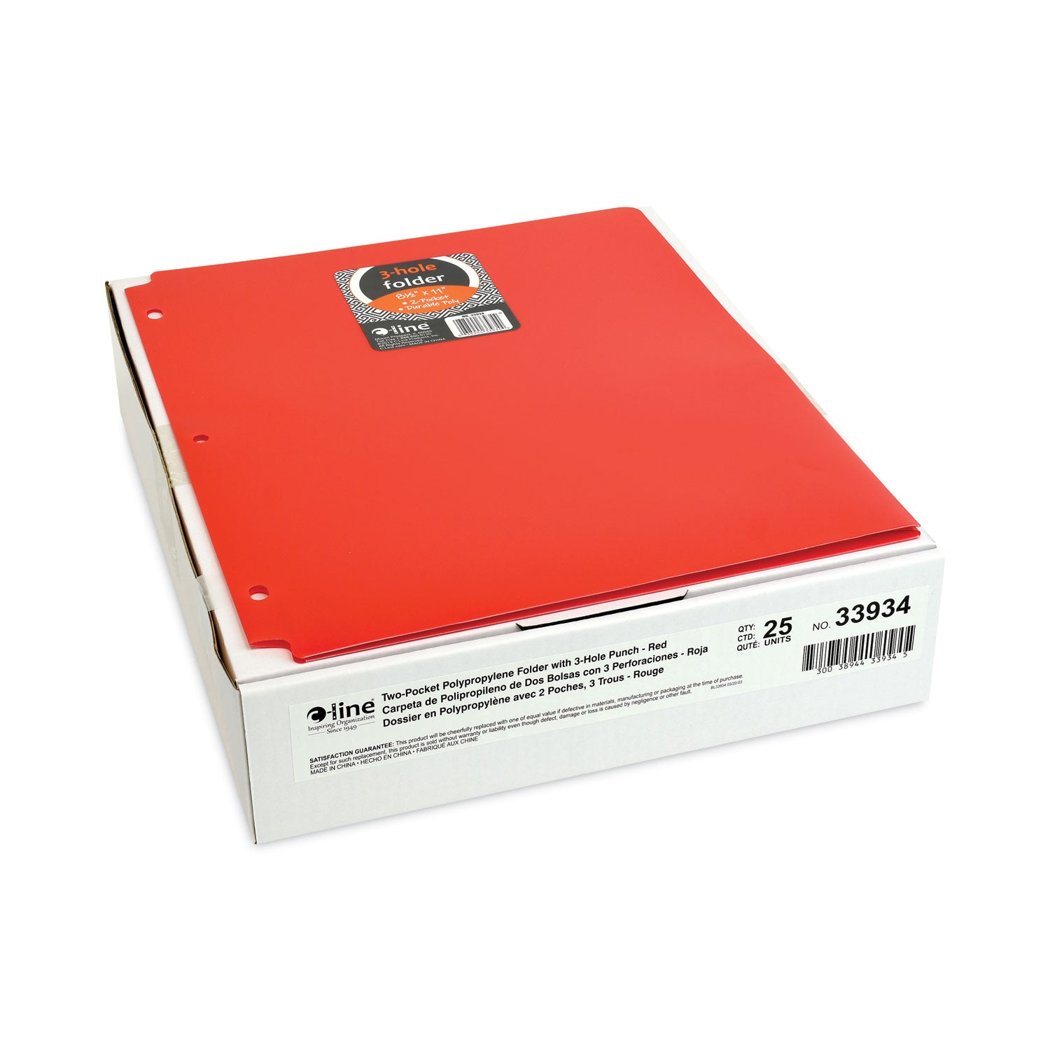 C-Line Two-Pocket Heavyweight Poly Portfolio Folder, 3-Hole Punch, 11 x 8.5, Red, 25/Box (33934BX)