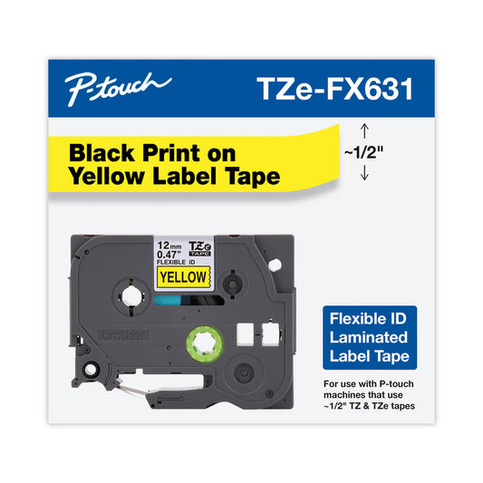 Brother TZe Flexible Tape Cartridge for P-Touch Labelers, 0.47" x 26.2 ft, Black on Yellow (TZEFX631CS)