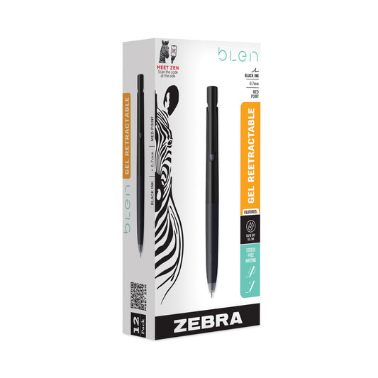 Zebra bLen Gel Pen, Retractable, Fine 0.7 mm, Black Ink, Black Barrel, Dozen (41410)