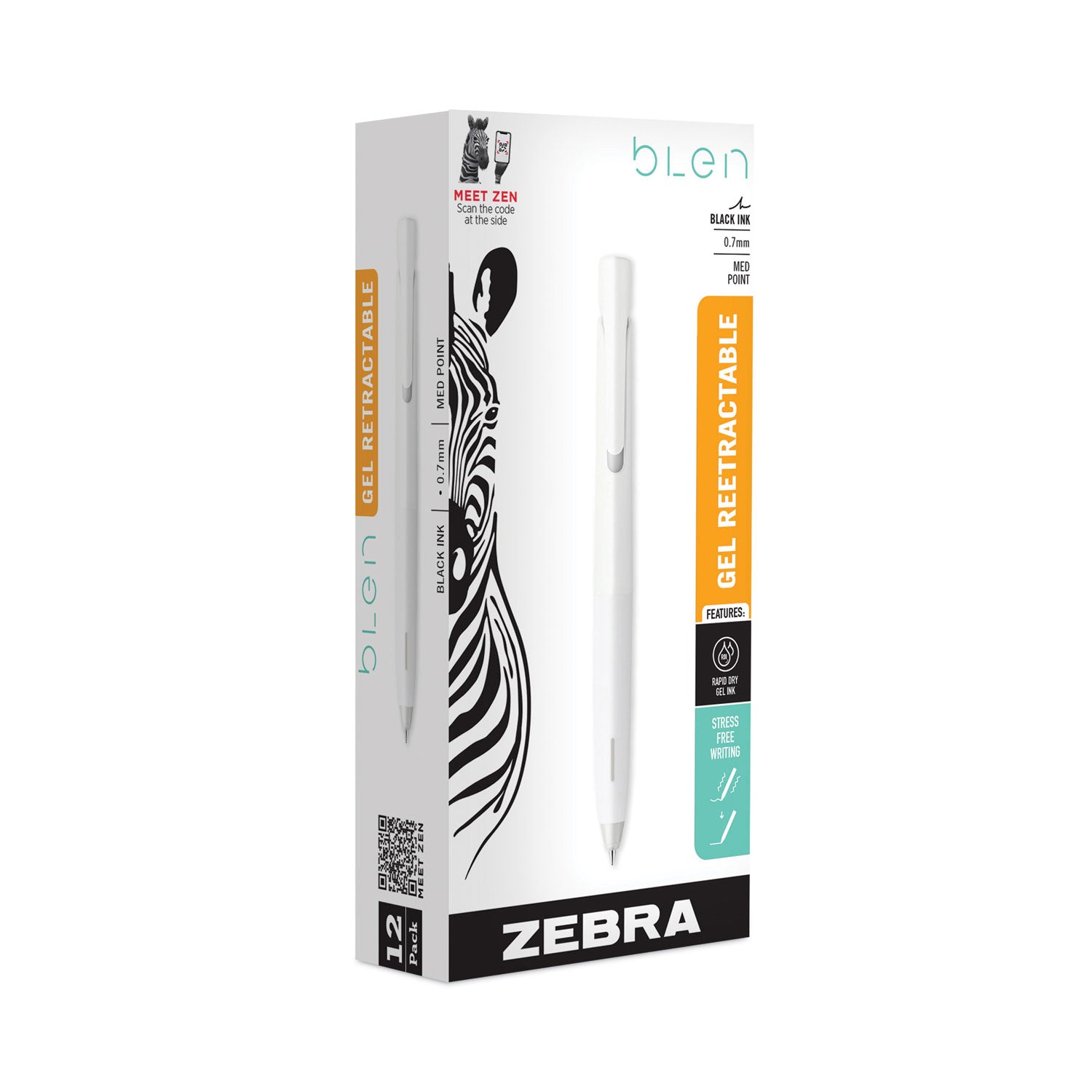 Zebra bLen Gel Pen, Retractable, Fine 0.7 mm, Black Ink, White Barrel, Dozen (41400)