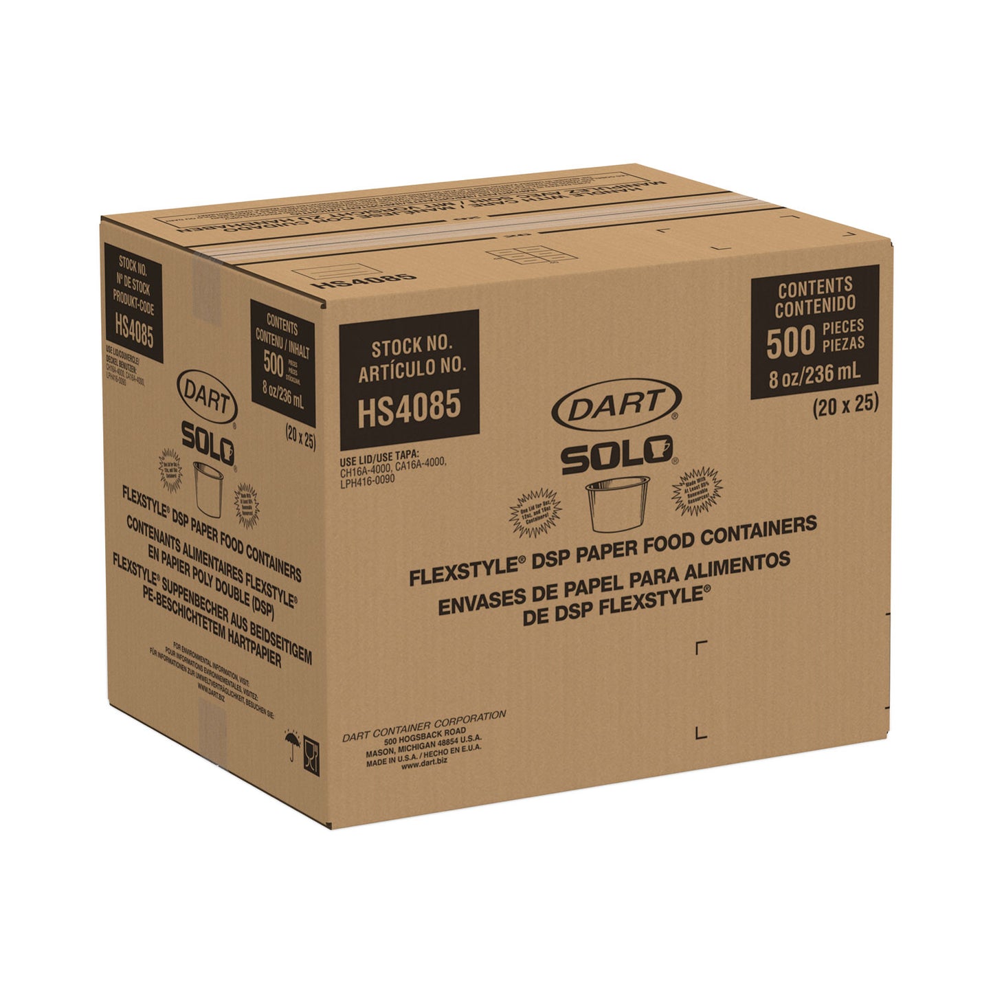 SOLO Flexstyle Double Poly Paper Containers, 8 oz, White, Paper, 25/Pack, 20 Packs/Carton (HS4085WH)