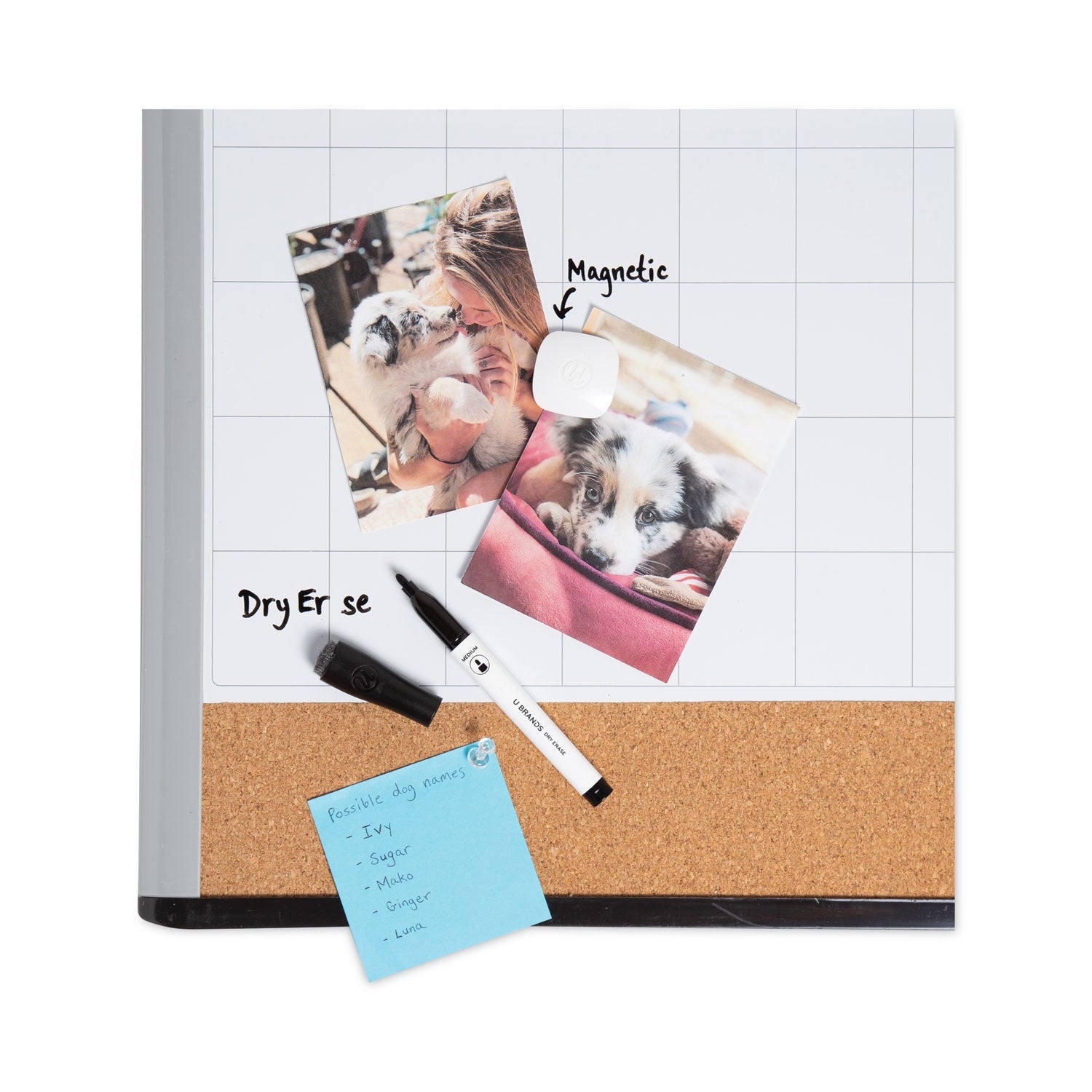 U Brands 3N1 Magnetic Mod Dry Erase Board, Monthly Calendar, 20 x 16, White Surface, Gray/Black Plastic Frame (388U0001)