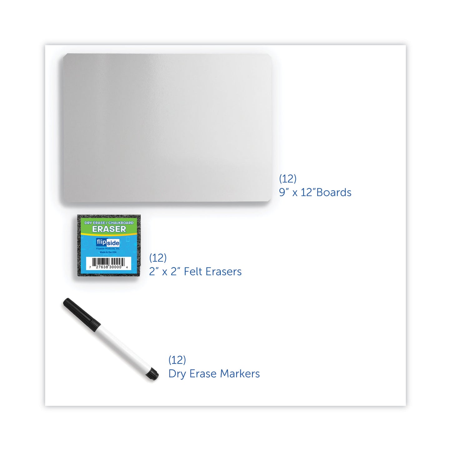 Flipside Dry Erase Board Set with Black Markers, 12 x 9, White Surface, 12/Pack (21003)