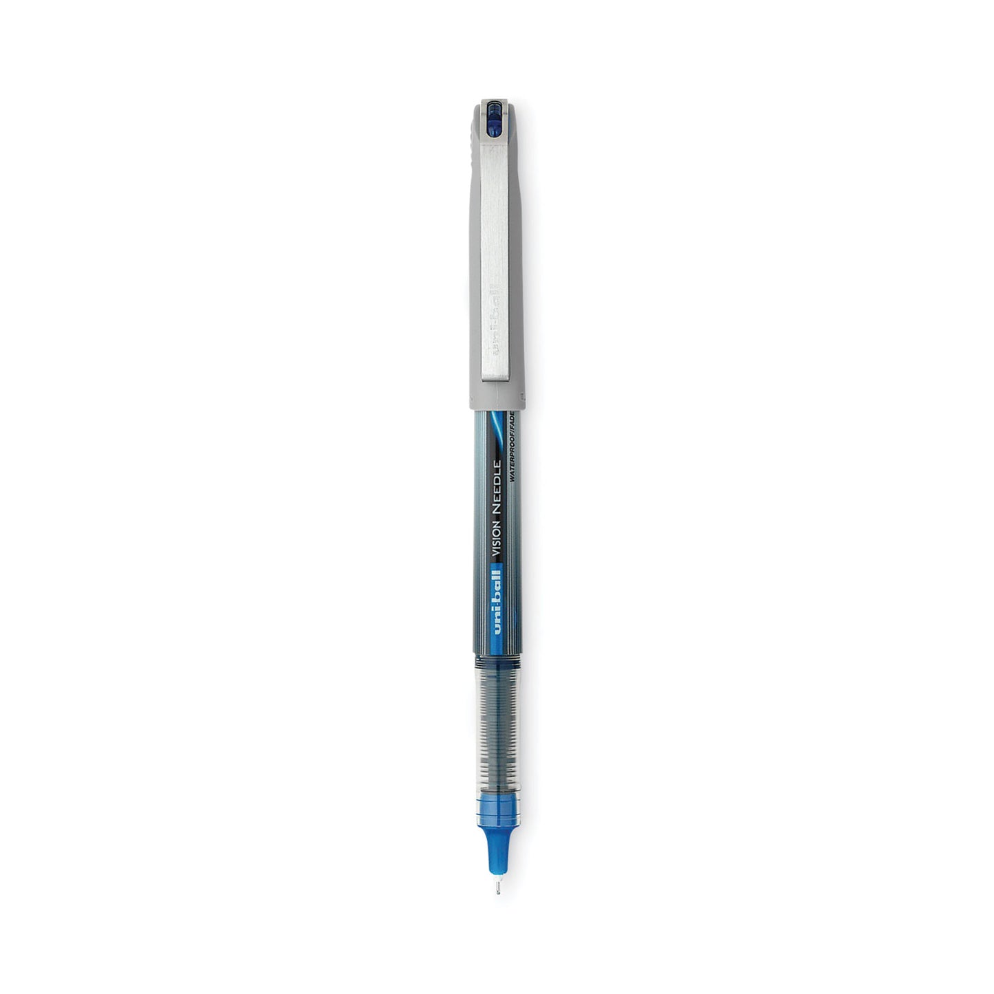 uni-ball VISION Roller Ball Pen, Stick, Extra-Fine 0.5 mm, Blue Ink, Black/Blue/Clear Barrel, 12/Pack (1734919)
