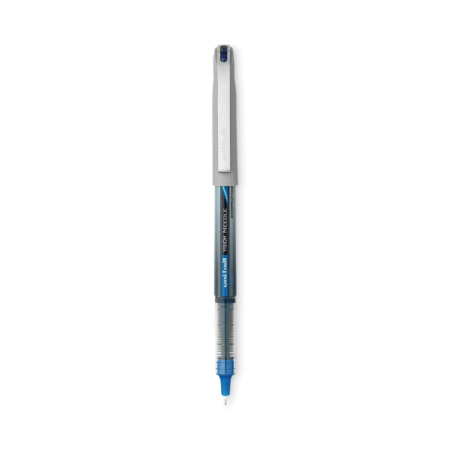 uni-ball VISION Roller Ball Pen, Stick, Extra-Fine 0.5 mm, Blue Ink, Black/Blue/Clear Barrel, 12/Pack (1734919)