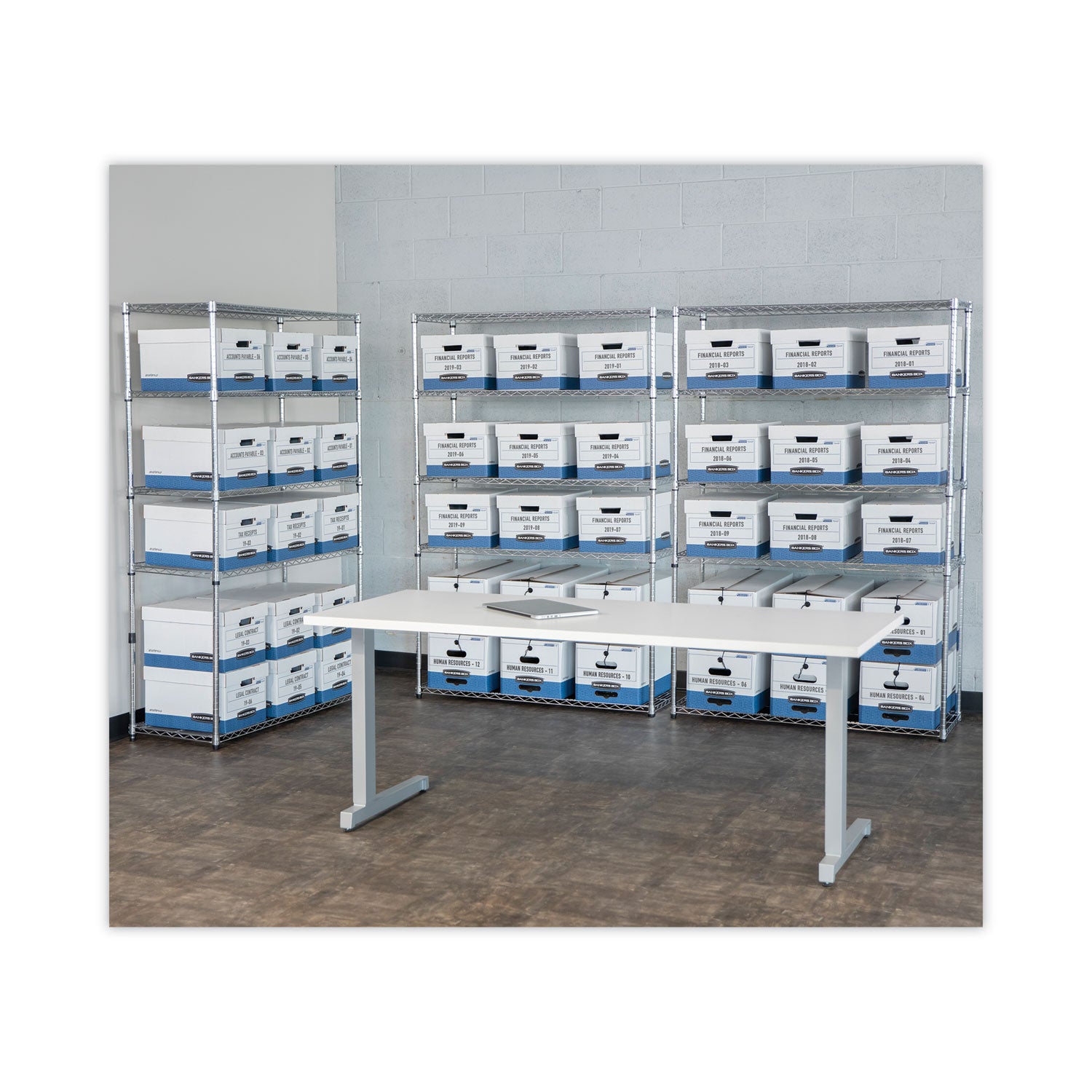 Bankers Box HANG'N'STOR Medium-Duty Storage Boxes, Letter Files, 12.63" x 15.63" x 10", White/Blue, 4/Carton (00784)