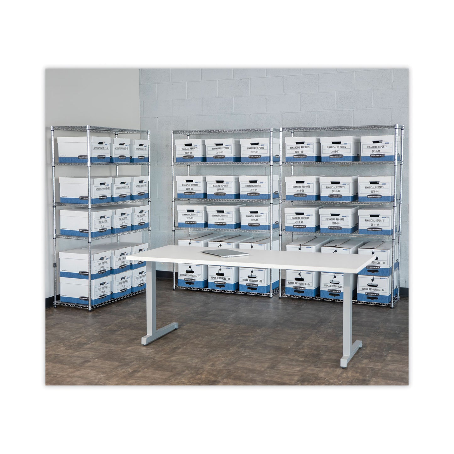 Bankers Box HANG'N'STOR Medium-Duty Storage Boxes, Letter/Legal Files, 13" x 16" x 10.5", White/Blue, 4/Carton (00785)