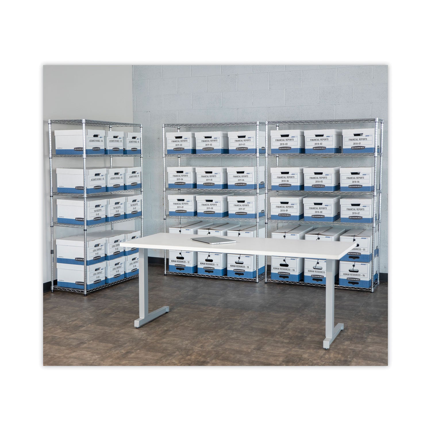 Bankers Box HANG'N'STOR Medium-Duty Storage Boxes, Letter/Legal Files, 13" x 16" x 10.5", White/Blue, 4/Carton (00785)