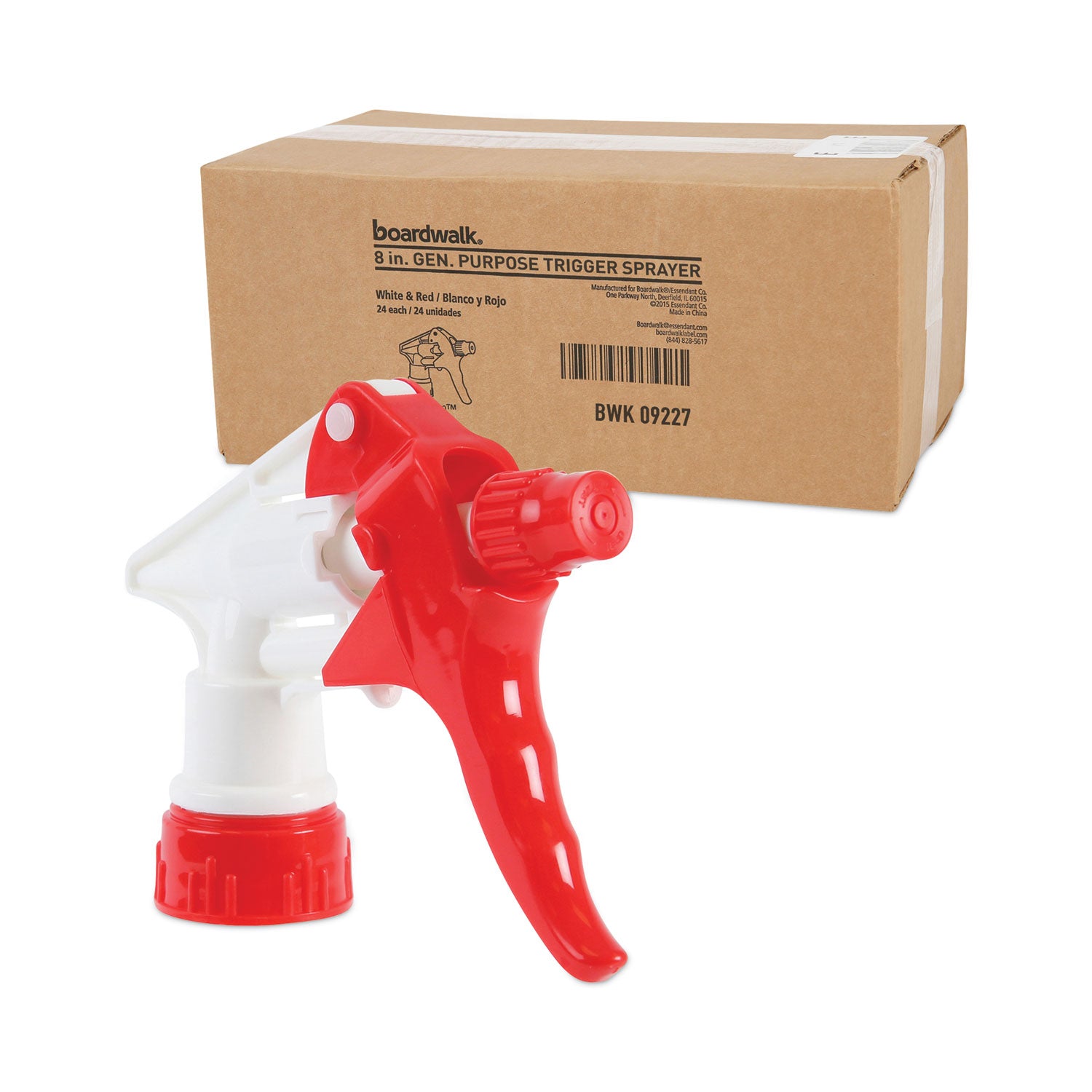 Boardwalk Trigger Sprayer 250, 8" Tube, Fits 16-24 oz Bottles, Red/White, 24/Carton (09227)