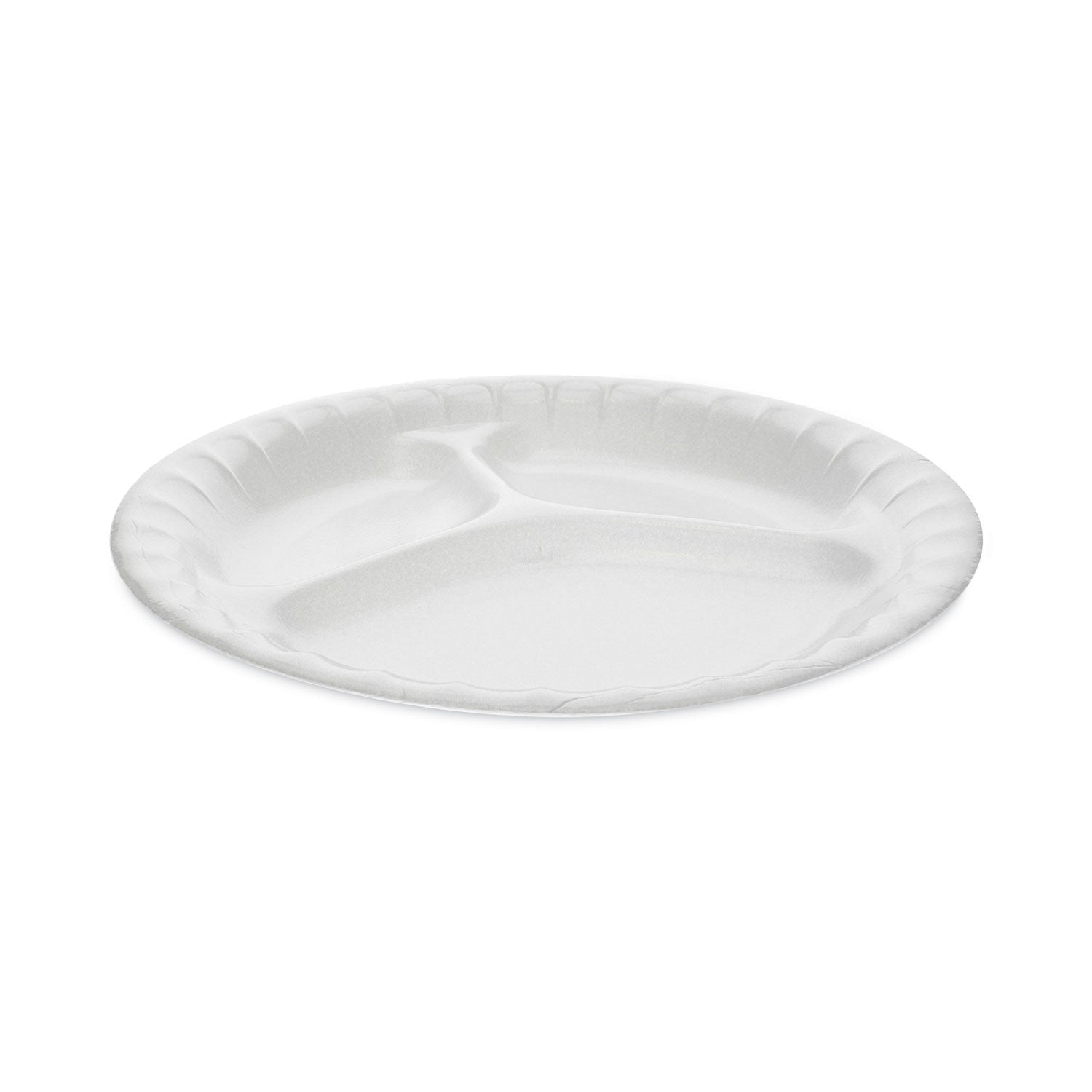 Pactiv Placesetter Deluxe Laminated Foam Dinnerware, 3-Compartment Plate, 8.88" dia, White, 500/Carton (0TK100110000)