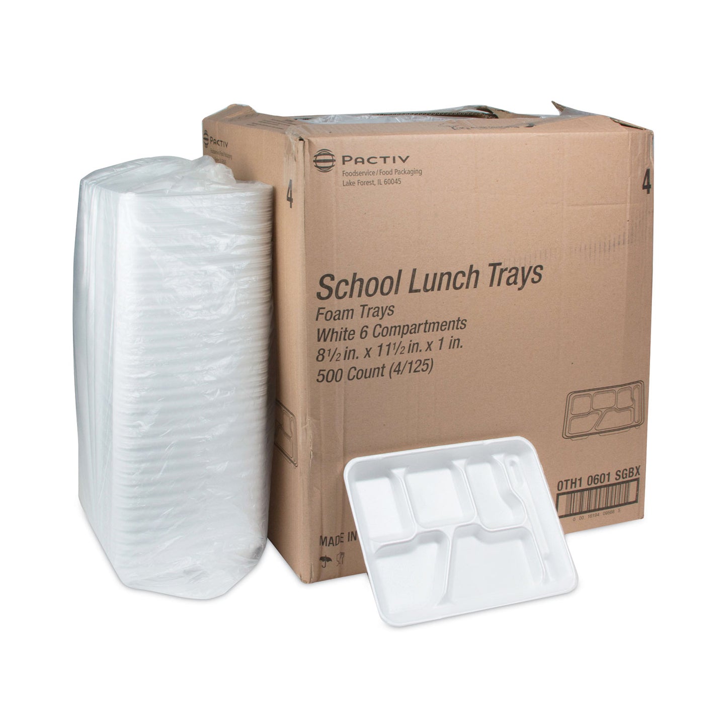 Pactiv Foam School Trays, 6-Compartment Tray, 8.5 x 11.5 x 1.25, White, 500/Carton (0TH10601SGBX)