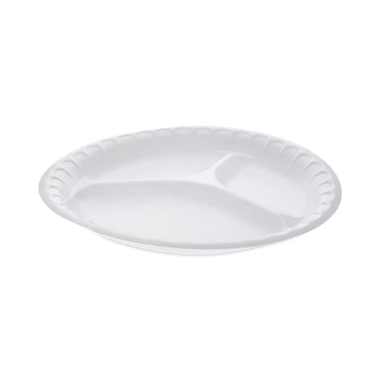 Pactiv Placesetter Satin Non-Laminated Foam Dinnerware, 3-Compartment Plate, 10.25" dia, White, 540/Carton (0TH10044000Y)