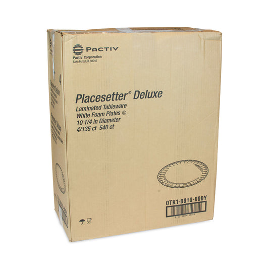 Pactiv Placesetter Deluxe Laminated Foam Dinnerware, Plate, 10.25" dia, White, 540/Carton (0TK10010000Y)