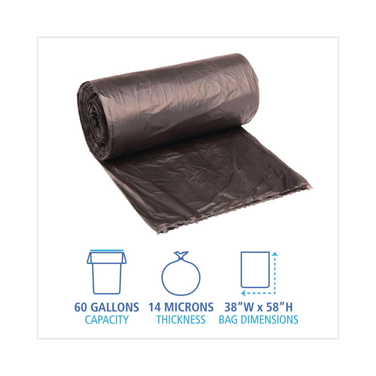 Boardwalk High-Density Can Liners, 60 gal, 14 mic, 38" x 58", Black, Perforated Roll, 25 Bags/Roll, 8 Rolls/Carton (385817BLK)