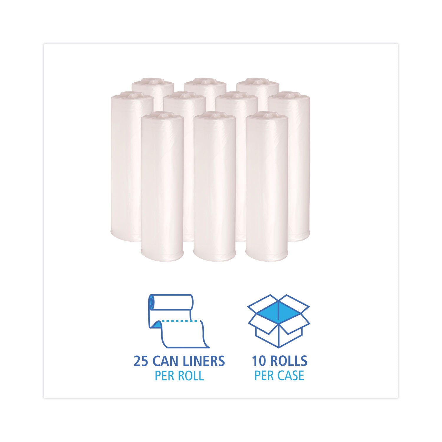 Boardwalk High-Density Can Liners, 45 gal, 10 mic, 40" x 46", Natural, Perforated Roll, 25 Bags/Roll, 10 Rolls/Carton (404612)