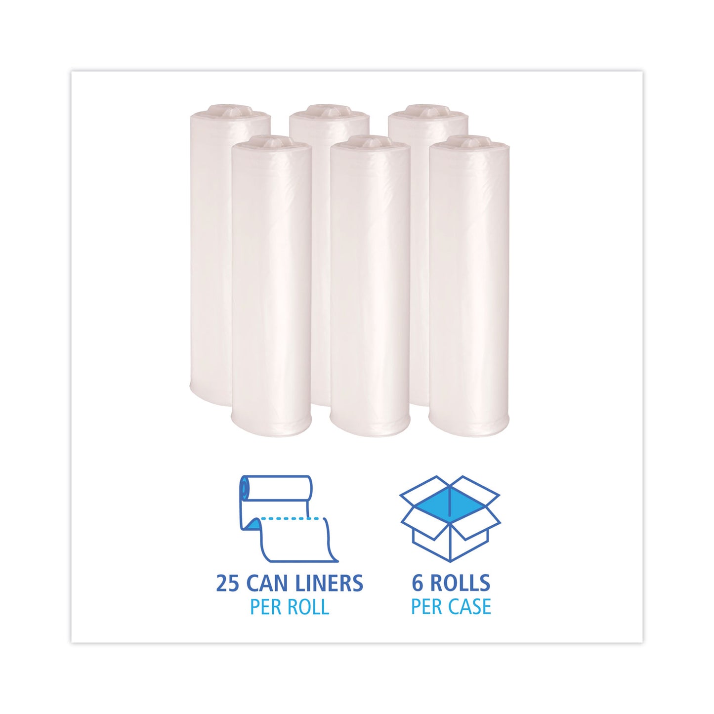 Boardwalk High-Density Can Liners, 45 gal, 19 mic, 40" x 46", Natural, Perforated Roll, 25 Bags/Roll, 6 Rolls/Carton (404622)