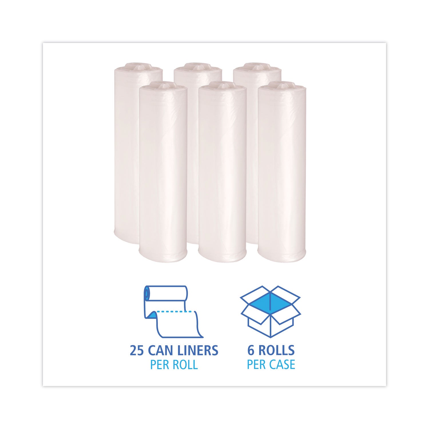 Boardwalk High-Density Can Liners, 45 gal, 19 mic, 40" x 46", Natural, Perforated Roll, 25 Bags/Roll, 6 Rolls/Carton (404622)