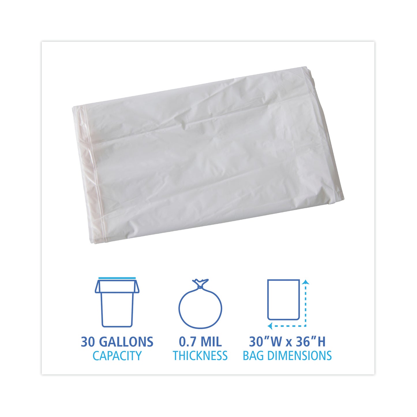 Boardwalk Linear Low Density Industrial Can Liners, 30 gal, 0.7 mil, 30" x 36", White, Flat Pack, 200/Carton (VW3036X)