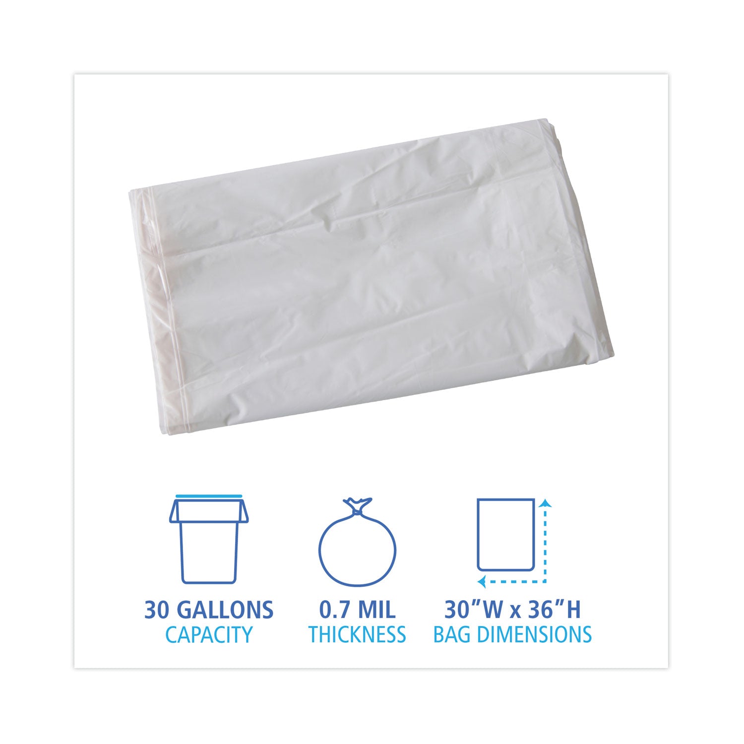 Boardwalk Linear Low Density Industrial Can Liners, 30 gal, 0.7 mil, 30" x 36", White, Flat Pack, 200/Carton (VW3036X)