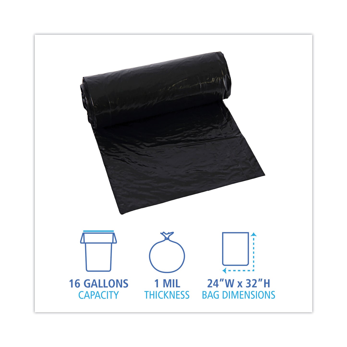 Boardwalk Low-Density Waste Can Liners, 16 gal, 1 mil, 24" x 32", Black, Perforated Roll, 10 Bags/Roll, 15 Rolls/Carton (510)