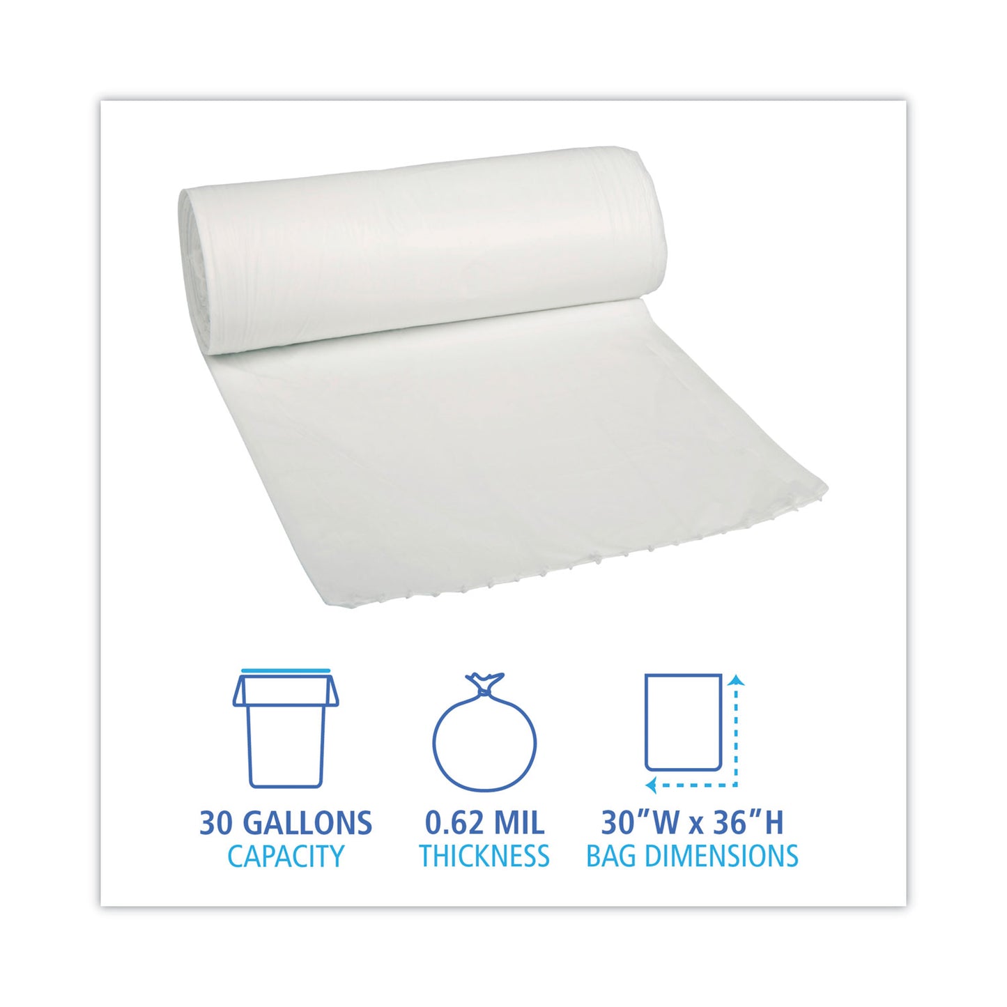 Boardwalk Low-Density Waste Can Liners, 30 gal, 0.5 mil, 30" x 36", White, Perforated Roll, 10 Bags/Roll, 20 Rolls/Carton (511)