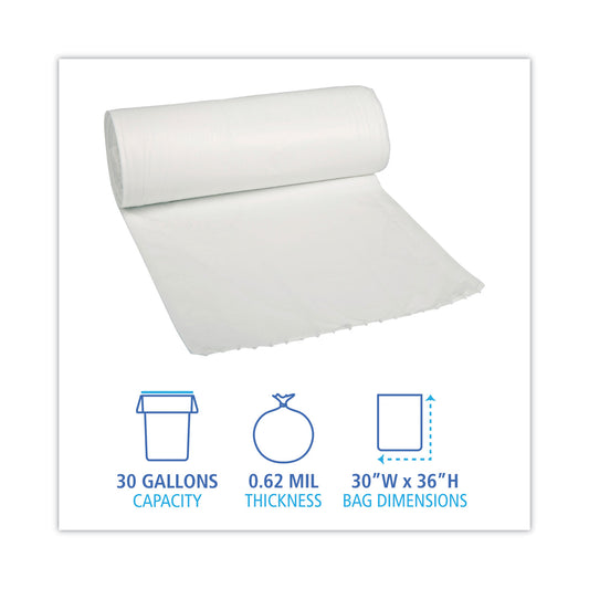 Boardwalk Low-Density Waste Can Liners, 30 gal, 0.5 mil, 30" x 36", White, Perforated Roll, 10 Bags/Roll, 20 Rolls/Carton (511)