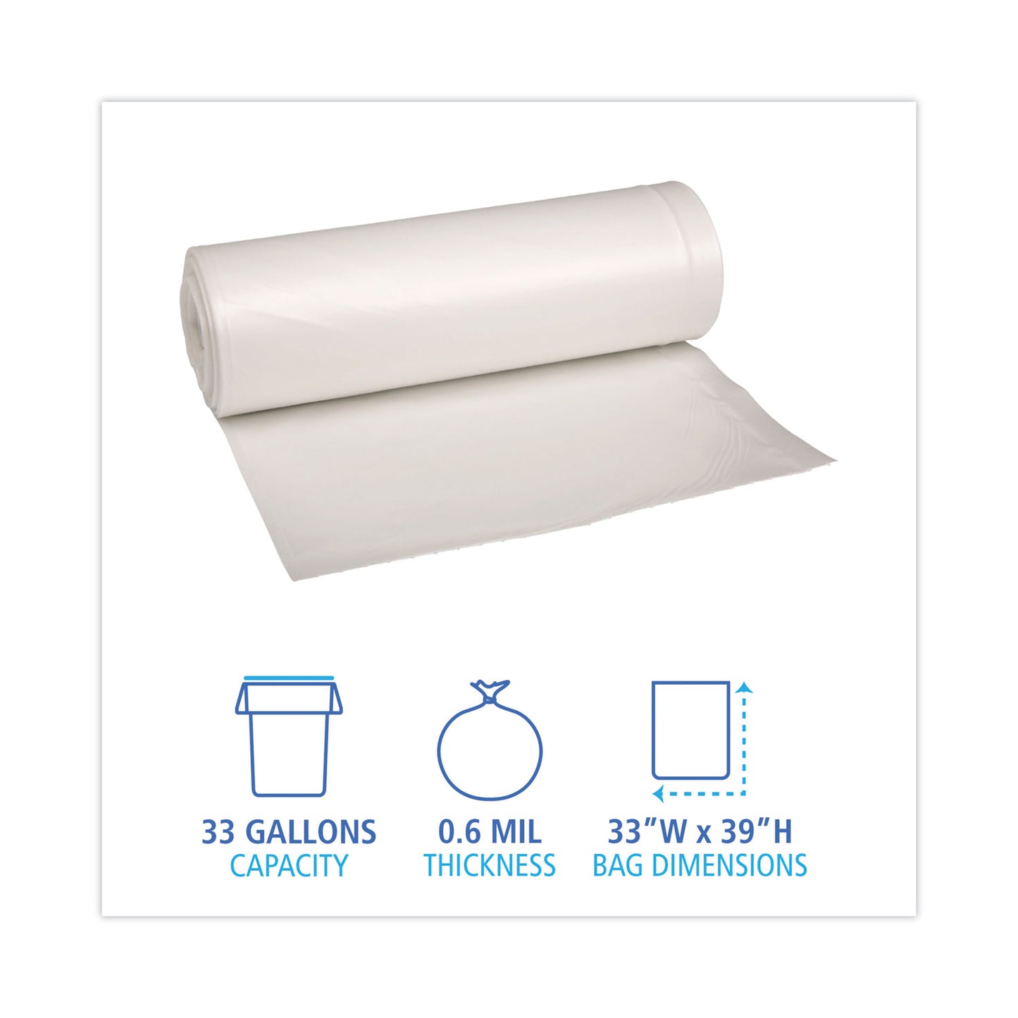 Boardwalk Low-Density Waste Can Liners, 33 gal, 0.6 mil, 33" x 39", White, Perforated Roll, 25 Bags/Roll, 6 Rolls/Carton (512)