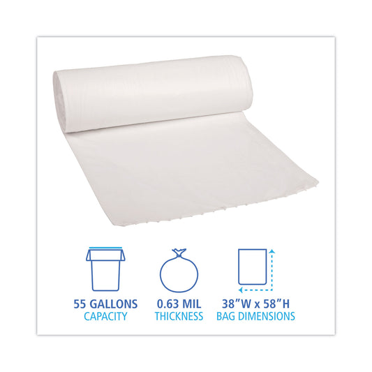 Boardwalk Low-Density Waste Can Liners, 55 gal, 0.5 mil, 38" x 58", White, Perforated Roll, 10 Bags/Roll, 10 Rolls/Carton (515)