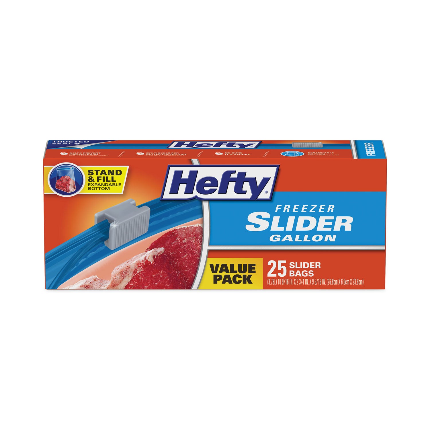 Hefty Slider Stand and Fill Freezer Storage Bags, 1 gal, 10.56" x 11", Clear, 25 Bags/Box, 9 Boxes/Carton (R88073CT)