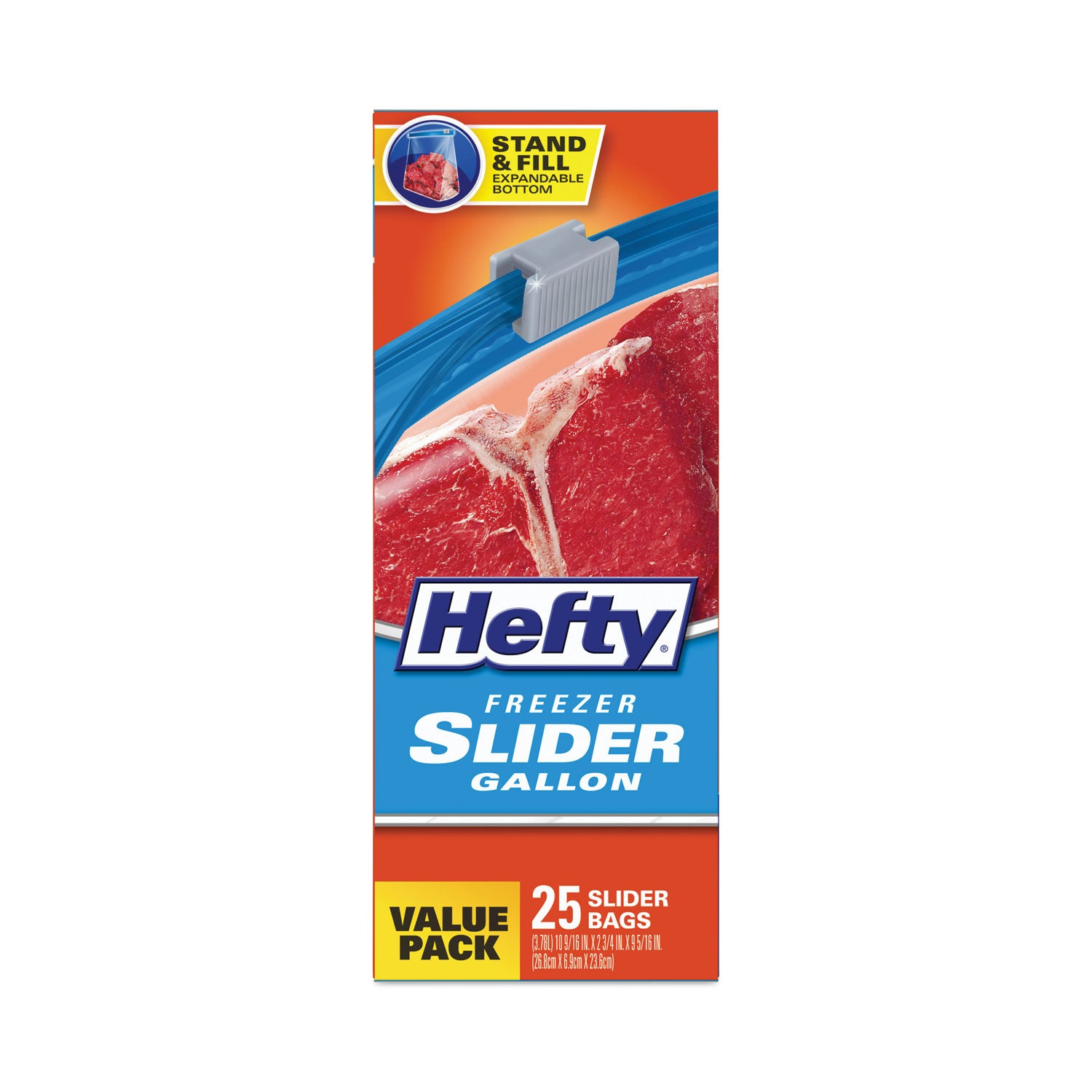 Hefty Slider Stand and Fill Freezer Storage Bags, 1 gal, 10.56" x 11", Clear, 25 Bags/Box, 9 Boxes/Carton (R88073CT)