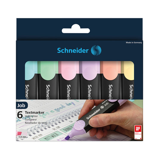 Schneider Job Pastel Highlighters, Chisel Tip (1mm/5mm), Assorted Ink Colors, Black/Assorted Barrel Colors, 6/Pack (115097)