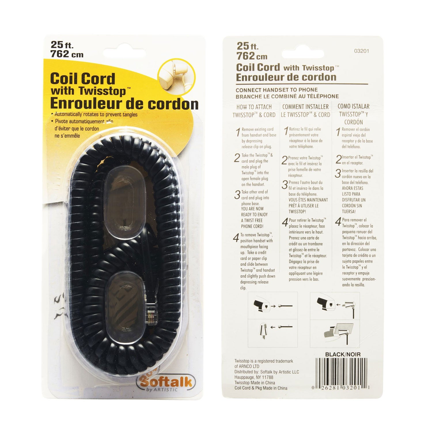 Softalk Twisstop Detangler with Coiled, 25-Foot Phone Cord, Black (03201)