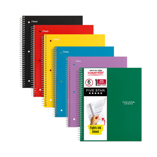 Five Star Wirebound Notebook, 1-Subject, Wide/Legal Rule, Assorted Cover Colors, (100) 10.5 x 8 Sheets, 6/Pack (38042)